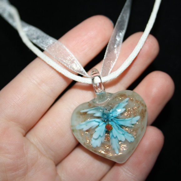 Beautiful blue flower glass heart necklace ribbon